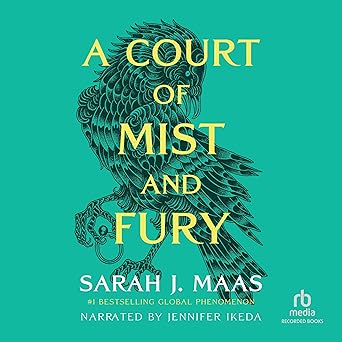 Cover of A Court of Mist and Fury audiobook by Sarah J. Maas, narrated by Jennifer Ikeda, showcasing a fantasy theme with dark and mystical elements.