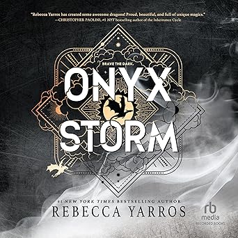 An audiobook cover of Onyx Storm: The Empyrean, Book 3 by Rebecca Yarros, featuring a vivid and dramatic fantasy design with stormy skies, mythical creatures, and a powerful protagonist ready for battle.