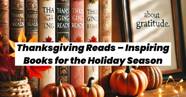 A beautifully styled bookshelf decorated for Thanksgiving, featuring books labeled "Thanksgiving Reads," small pumpkins, autumn leaves, and warm fairy lights, with a framed quote about gratitude adding a festive touch.