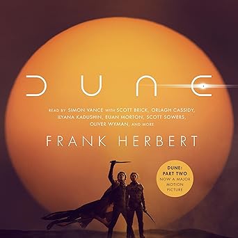 Cover of the audiobook Dune by Frank Herbert featuring desert landscapes and a futuristic spaceship.