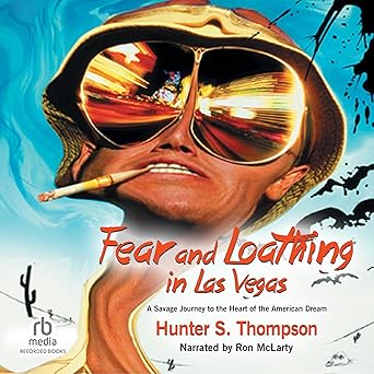 Cover of the audiobook 'Fear and Loathing in Las Vegas' by Hunter S. Thompson, featuring bold psychedelic designs and bold typography.