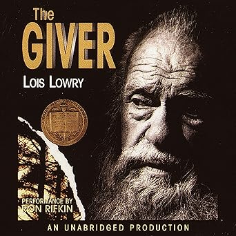 The Giver Audiobook Cover - A dystopian novel by Lois Lowry, narrated by Ron Rifkin." Title: "The Giver - Audiobook